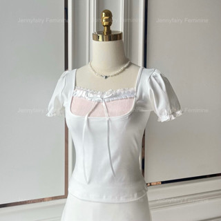 [Sweatheart] Áo thun kiểu màu trắng phối cổ hồng phong cách tiểu thư, coquette- Jenny Fairy