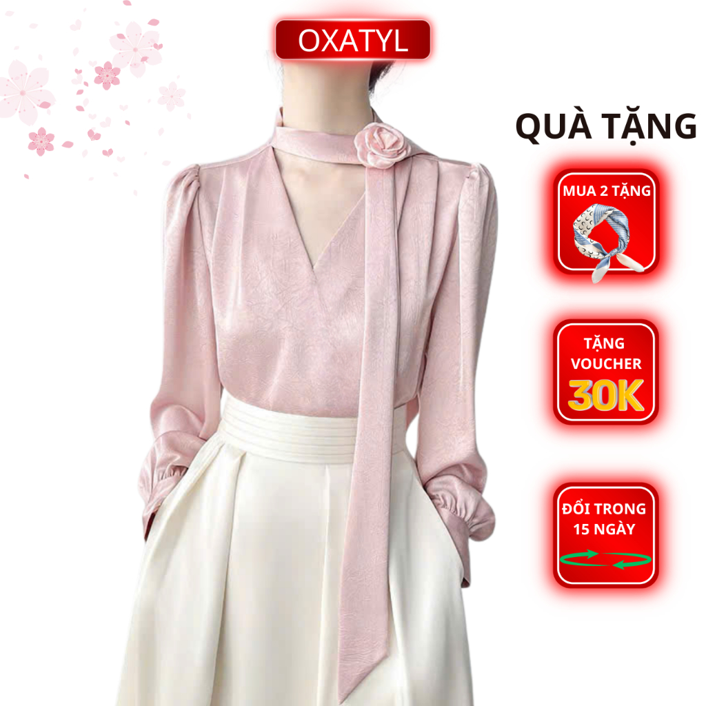 Áo sơ mi kiểu cổ V kèm hoa thời trang công sở chất liệu vải lụa cao cấp Oxatyl A621 áo kiểu dài tay | BigBuy360 - bigbuy360.vn