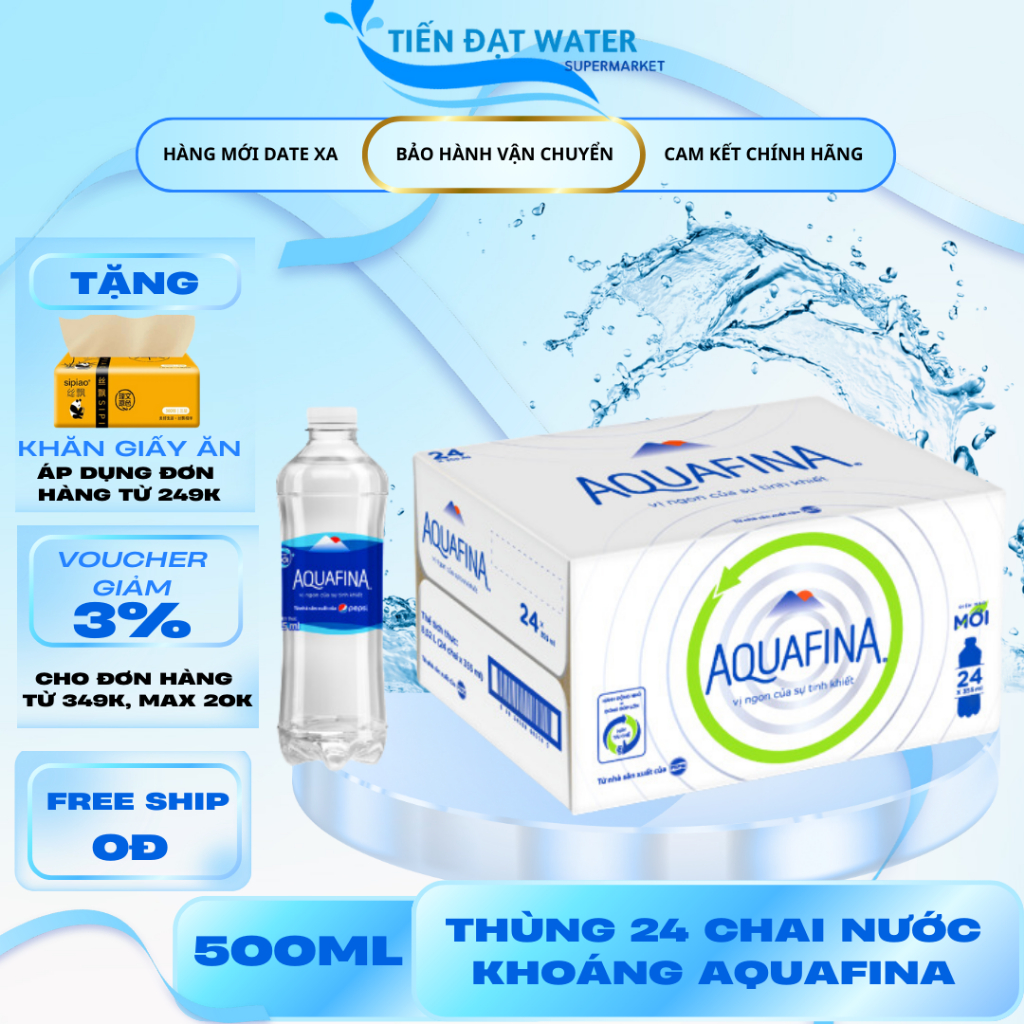 Nước Aquafina Thùng 24 Chai 500ml Nước Uống Tinh Khiết Đóng Chai Của Pepsico, Thanh Khiết, Giải Khát