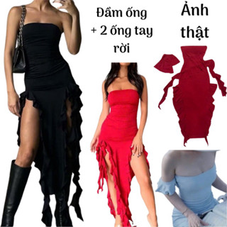 Đầm ôm body ống cúp ngực nữ xẻ đùi viền bèo đính hoa ngực và đùi đen đỏ hồng mặc đi chơi đi tiệc mặc Tết
