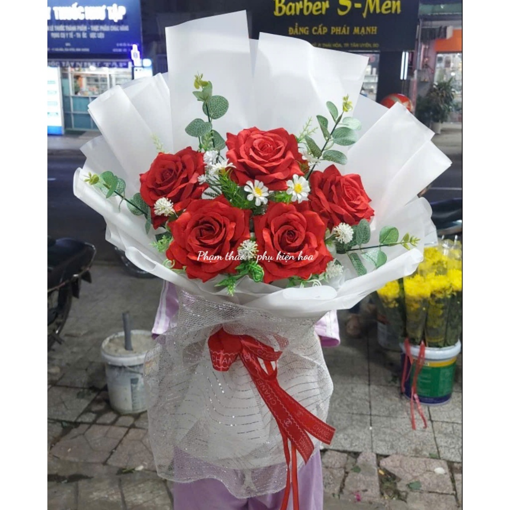 Bó hoa hồng nhung - hoa hồng nhung bông to 11cm- 12 cm - hoa hồng nhung, hoa giả