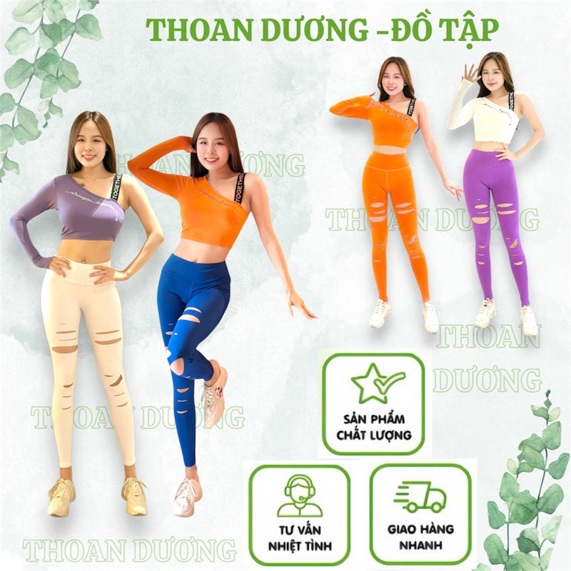 Bộ áo dài tay lệch dây vai, quần cắt laze( kèm đệm) chất thun tập yoga, gym, nhảy zumba, aerobic