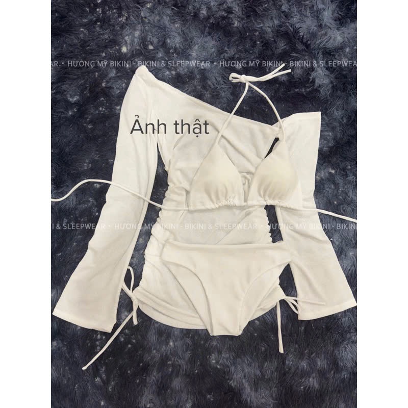 Set Bikini 3 Món Kèm Áo Trễ Vai Tay Loe, Bikini Tam Giác Phối Đầm Nhún Sexy [Có BánLẻ] - OS109 | BigBuy360 - bigbuy360.vn