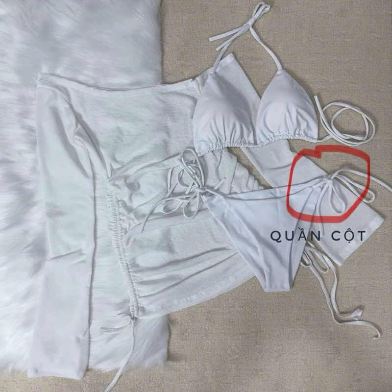 Set Bikini 3 Món Kèm Áo Trễ Vai Tay Loe, Bikini Tam Giác Phối Đầm Nhún Sexy [Có BánLẻ] - OS109 | BigBuy360 - bigbuy360.vn