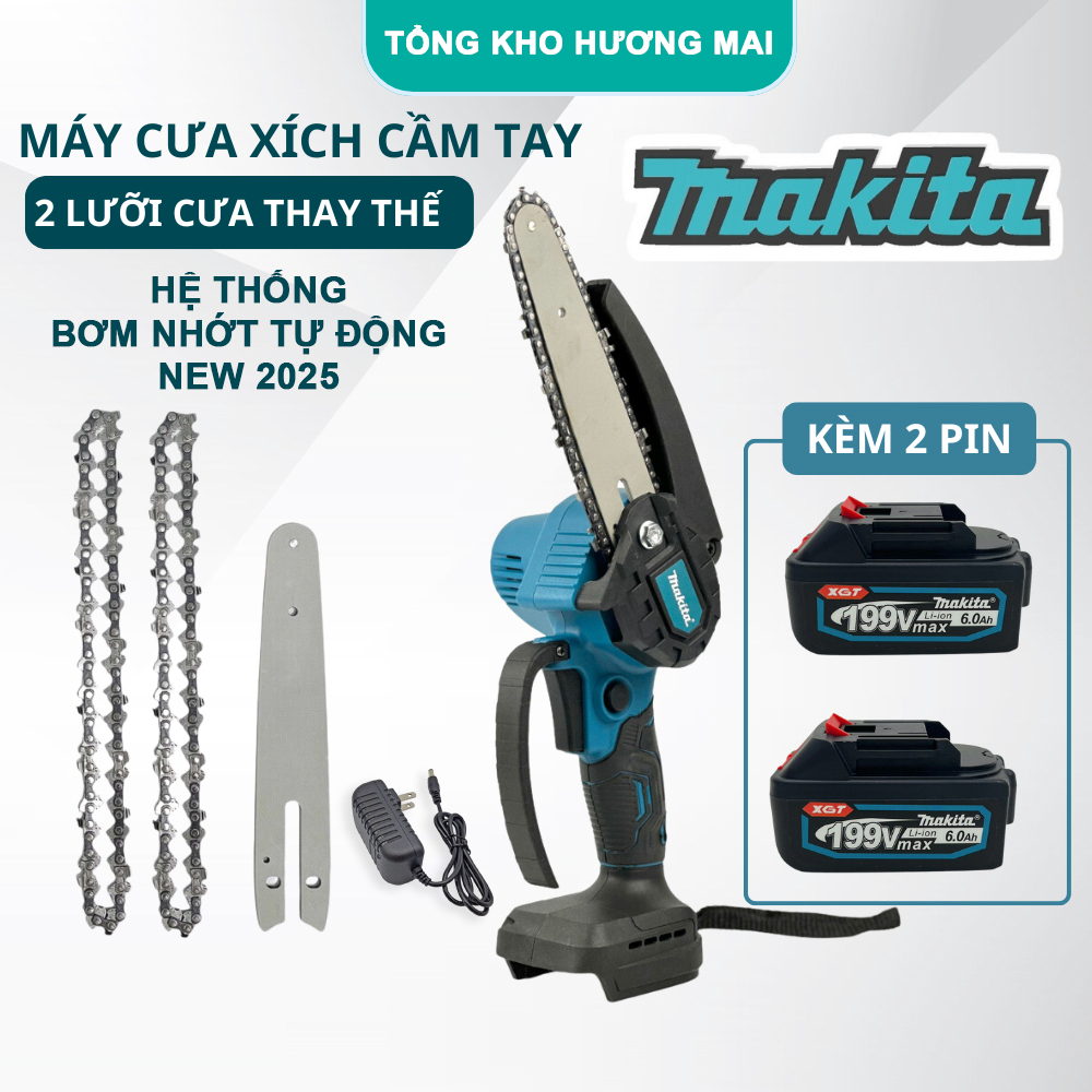 Bộ Máy Cưa Xích Cầm Tay Cưa Gỗ, 2P MAKITA 199V Lõi Đồng Mạnh Mẽ Bền Bỉ, Hệ Thống Bơm Nhớt Tự Động New 2025