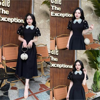 TN56 -Váy thiết kế Evii dành cho nữ, Đầm thiết kế cổ ren hoa khoét vai tay bồng ( tặng kèm 8 tag cài )dáng A xòe dài.