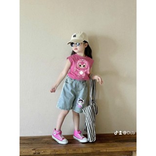 Bộ cộc tay cho bé gái, sét áo cộc tay màu hồng in hình baby Three phối quần ngố jean phong cách cho bé 10-33kg Juny Kids