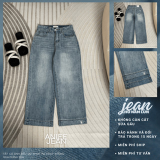 Quần jean ống rộng,quần bò nữ ống suông Aniee cạp cao thêu thỏ vải denim màu xanh nhạt dài 87cm dành cho nấm lùn