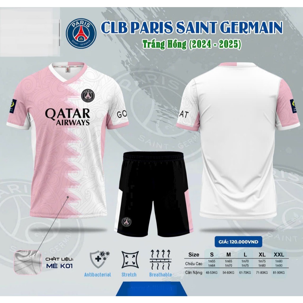 Bộ đồ đá banh CLB Paris Trắng Hồng