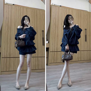 [SẴN] Đầm trễ vai kẻ sọc XANH THAN kèm quần bảo hộ JELLY DRESS