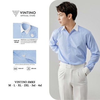 Áo Sơ Mi Nam VINTINO Kẻ Sọc Xanh Trắng Công Sở Phối Cổ Trắng Vải Lụa Co Giãn Chống Nhăn SMKS
