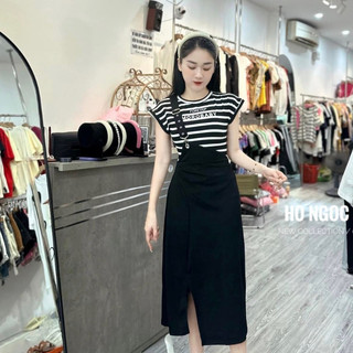 Váy đầm kẻ yếm lệch xẻ tà QCL1 LuciK Shop DV0011