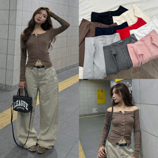 NANCY TOP - Áo Thun DEROSE Tay Dài Trễ Vai Full Nút Thiệt Tay Xỏ Ngón Chất Thun Trơn Mịn 4 Chiều