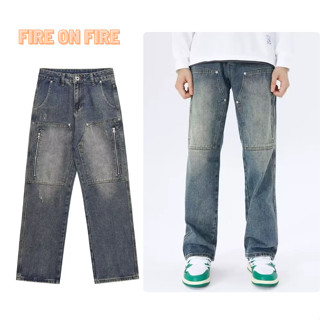  Quần Jean Double Knee màu xanh Dáng đừng Với Khóa Kéo Thẳng Phong Cách Retro Đường Phố Cá Tính Hợp Thời Trang Cho Nam. 