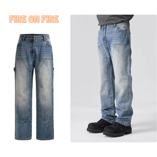 Quần jeans Double Knee XANH Dài Ống Đứng Phong Cách vintage Thời Trang Cho Nam