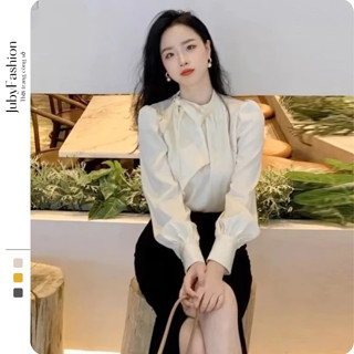 Áo Sơ Mi Thiết Kế Cổ Nơ Lệch Tay Bồng Dài Tay Thanh Lịch Đi chơi Đi Làm