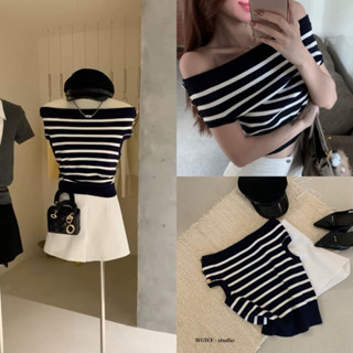 LEMONA x WGWE - Áo Trễ Vai Len Kẻ Ngang Dáng Ngắn Đính Cúc Ngắn Tay W3181#