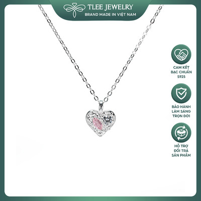 Dây chuyền bạc nữ TLEE mặt tim gắn viên đá giọt nước màu hồng xinh xắn TLEE JEWELRY D0279