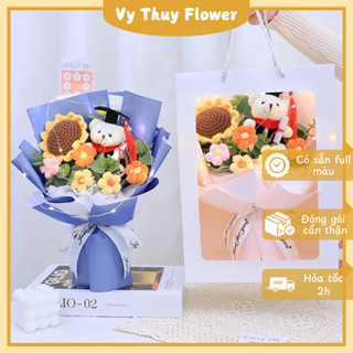 Bó hoa len kèm gấu bông Làm Sẵn quà tặng tốt nghiệp, chụp kỷ yếu, ngày ra trường cho người yêu bạn bè