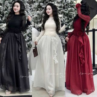 Đầm Maxxi Ren Cổ Tròn Tay Dài Đính Hoa NGAY EO Tua Rua Phối Tơ Dáng Dài 2 Lớp Có Lót