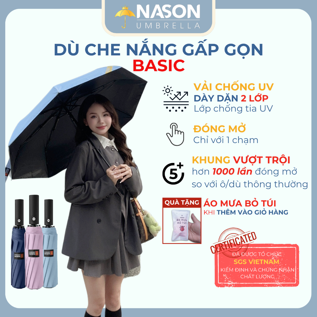 Ô dù che mưa nắng gấp gọn 2 chiều Basic chống tia UV, chống nước, 3 4 năm sử dụng – Nason Umbrella -