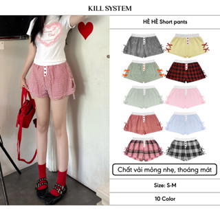 Quần short đính nơ HèHè cạp chun cúc hoa, sọc caro Kill System cho mùa hè