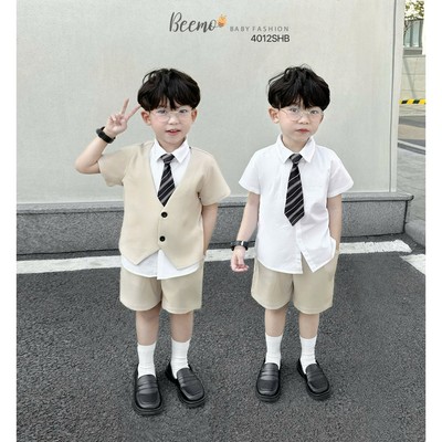 Set vest công tử Beemo cộc tay vải chéo hàn 4 chi tiết (kèm cà vạt) cho bé từ 9-24kg 4012SHB