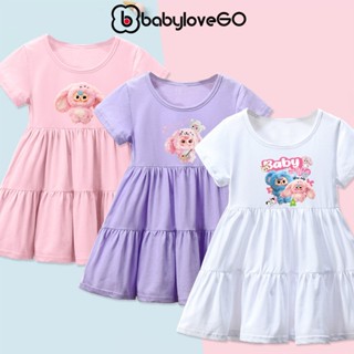 Váy bé gái BabyloveGO, đầm babydoll cho bé chất thun cotton mềm mịn thoáng mát in hình Baby Three dễ thương