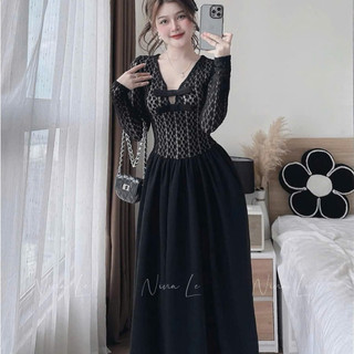  Đầm thiết kế nữ tiểu thư kín đáo nhẹ nhàng đầm ren hoa tay dài cổ v đính nơ ngực đôi phối cotton lạnh dáng dài xòe nhẹ 