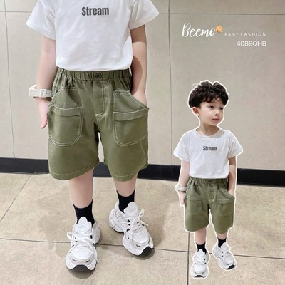 Quần short Beemo may chỉ nổi vải kaki cho bé trai mặc đi chơi, đi học từ 9-24kg 4089QHB