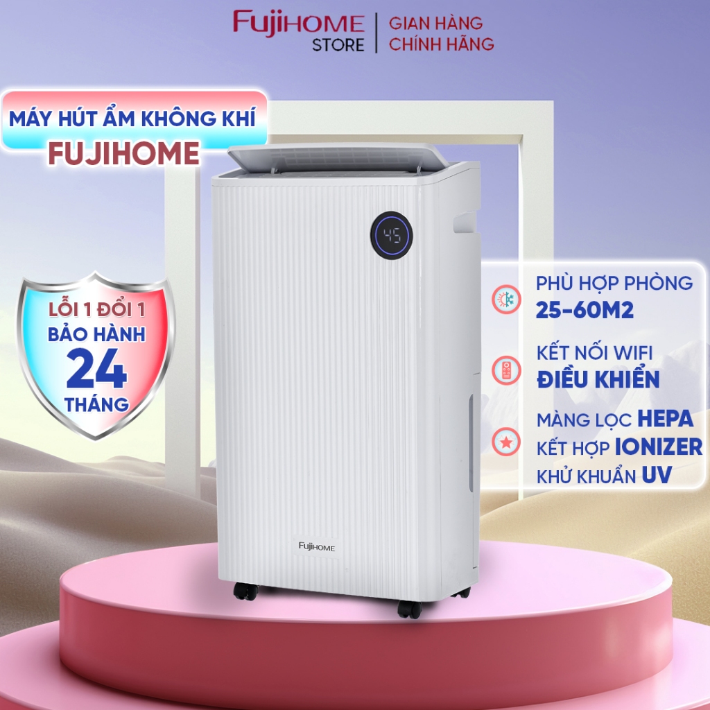 Máy hút ẩm kèm lọc không khí HEPA Fujihome, kết nối WiFi, công suất hút ẩm 14- 25L/24h phòng khách phòng ngủ