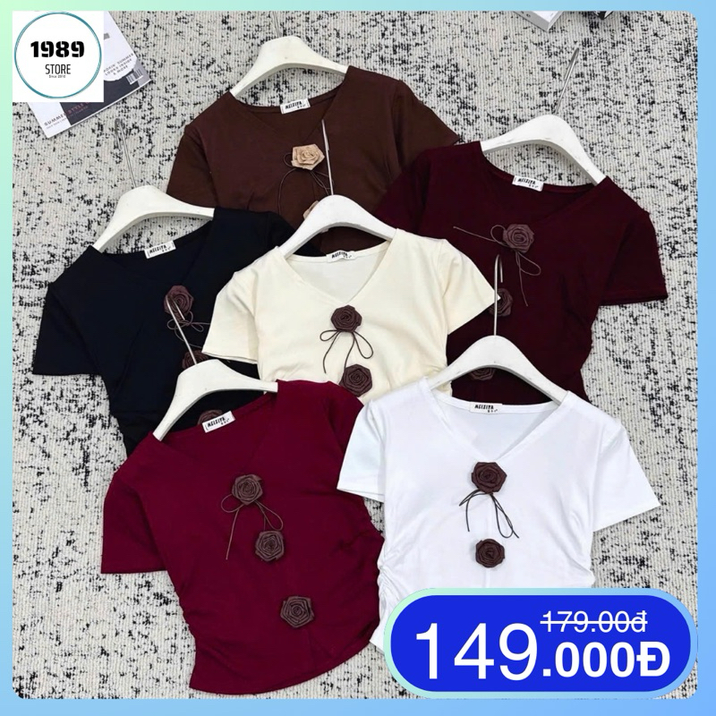 Áo thun zip cổ nhún eo 3 hoa trà hàng QC kho sỉ 1989 store sang chảnh, dễ thương