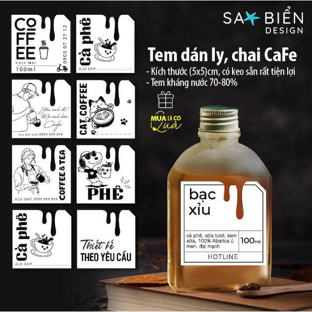 Combo 50 tem nhãn dán LY CÀ PHÊ CẮT HÌNH GIỌT CF, sticker dán ly, chai. 5x5 cm. In tem dán Sao Biển