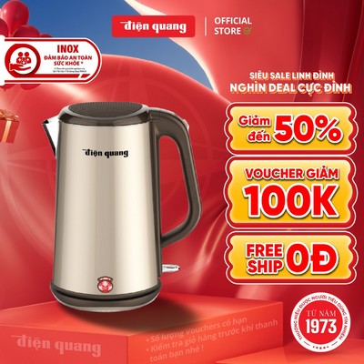 [Inox An Toàn] Ấm đun nước cao cấp Điện Quang ĐQ EKT08 1818 GO (1800W, 1.8L, inox 304, vỏ 3 lớp, màu ánh kim)