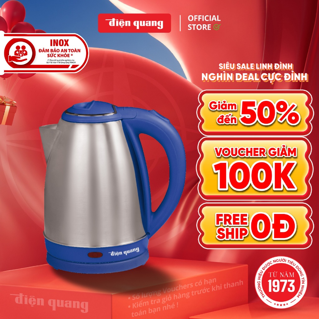 [Inox An Toàn] Ấm Đun Nước Siêu Tốc Điện Quang ĐQ EKT14 Dung Tích 1.8L CS 1500W Đế Xoay 360° BH 12 t