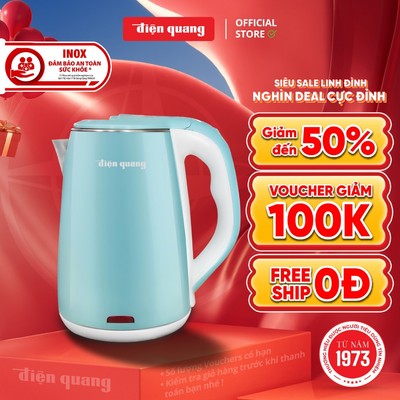 [Inox An Toàn] Ấm đun nước siêu tốc Điện Quang ĐQ EKT15 1518 - Inox chất lượng cao, đế xoay 360 độ, tự động ngắt điện