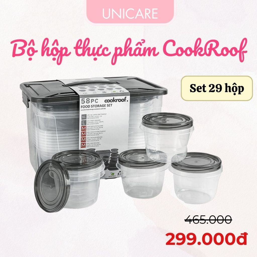 Bộ 29 hộp COOKROOF đựng thức ăn, bộ hộp nhựa PP5 kèm nắp nhựa gồm 6 size hộp và dùng được với lò vi sóng - Chính hãng