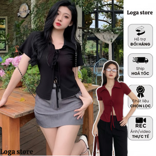 Áo polo nữ khoá zip 2 chiều thắt nơ điệu đà, áo thun đính nơ kèm khoá kéo mở 2 chiều Logastore_L112