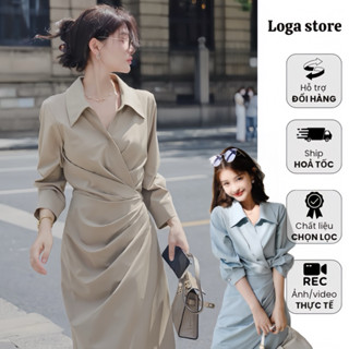 Váy sơ mi dáng dài nhún eo, đầm somi dài tay xếp ly eo phong cách trẻ trung, thanh lịch Loga store - L66