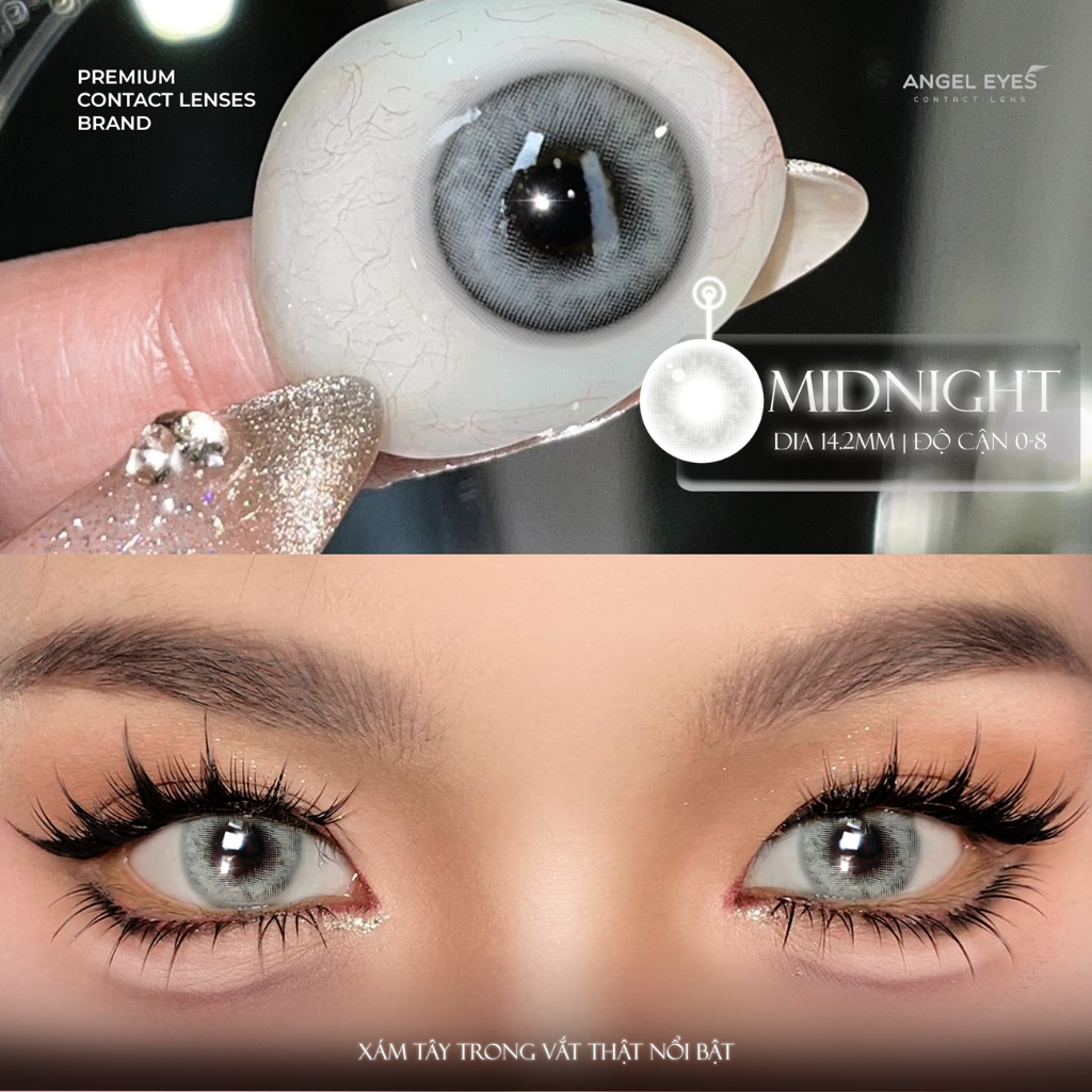 Kính áp tròng màu xám tây MIDNIGHT có độ cận 0-8 | GDia 12.8mm | Chất liệu MPC