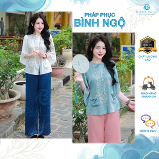  Đồ lam đi chùa nữ dáng dài bộ pháp phụchoạ tiết túi tiền may mắn nhẹ nhàng lịch sự - Pháp Phục Bình Ngộ 
