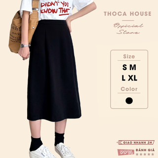  Chân váy midi công sở dáng A kéo bên xẻ sau trơn THOCA HOUSE vải tuyết mưa mịn dày dặn 