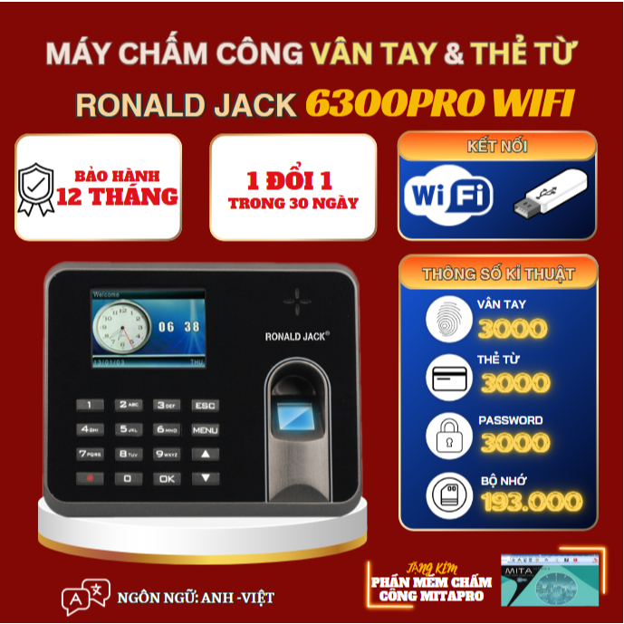 Máy chấm công Vân Tay & Thẻ Từ Ronald Jack 6300Pro Wifi Lấy dữ liệu qua mạng, xuất dữ liệu chấm công trực tiếp từ máy