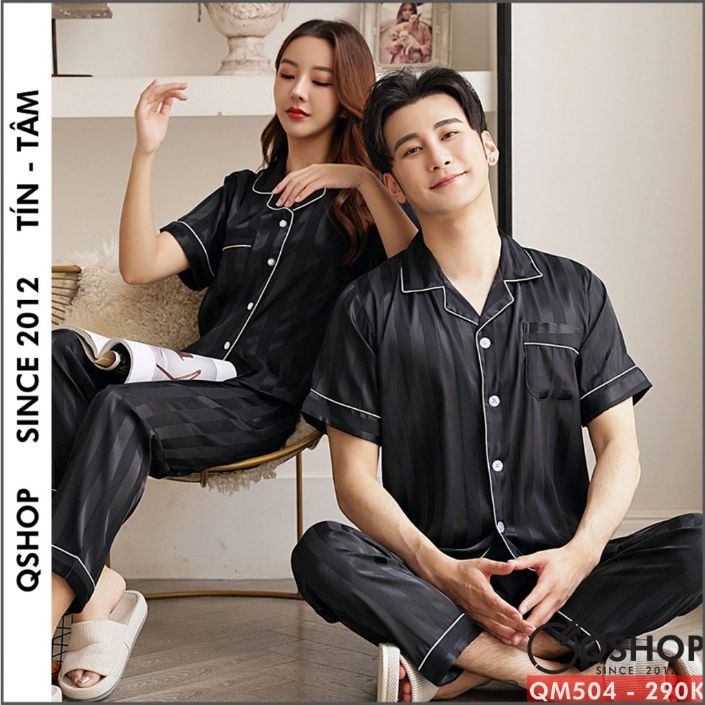 Bộ đồ pijama cặp đôi quần dài tay ngắn lụa satin mềm mặc nhà mặc ngủ thoải mái QSHOP QM504