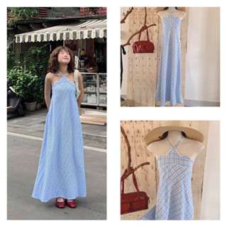  Đầm maxi suông sọc xanh cổ yếm viền ren   có sẵn   