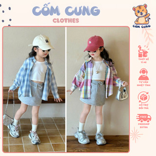 Set Bộ Áo Sơ Mi Kẻ Nhiều Màu Kết Hợp Với Áo Thun Trắng Cộc Tay Kèm Chân Váy Ghi Cho Bé Gái