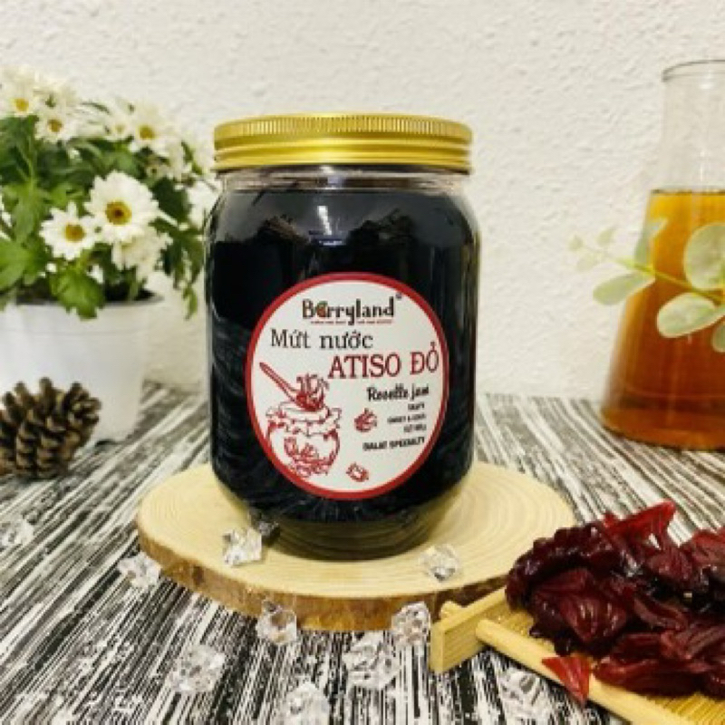 mứt nước atiso đỏ Berryland shop giao date mới hũ 600g có bông atiso đỏ bên trong