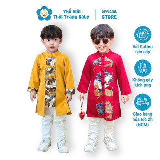 Combo Set Áo Dài Cách Tân Cho Bé Trai Dưới 35Kg, Chất Cao Cấp Kèm Quần Kaki Trắng Hàng Thiết Kế Chuẩn Mặc Tết CT33B