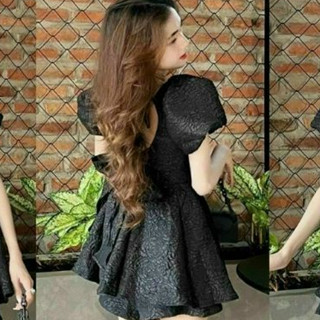 Đầm thời trang nữ dự tiệc chất gấm tay phồng cổ vuông đầm hở lưng cột nơ đầm xòe