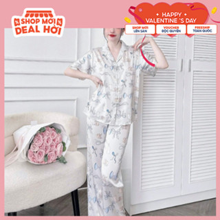 Đồ ngủ nữ mặc nhà pijama lụa latin cao cấp tay ngắn họa tiết dễ thương có bigsize